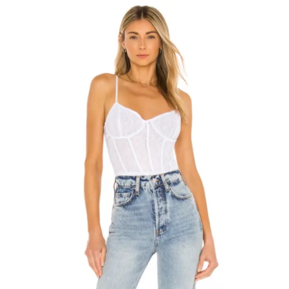 NWT AFRM Cora Lace Bustier Bodysuit S Cutout Underwire Thong Unpadded White